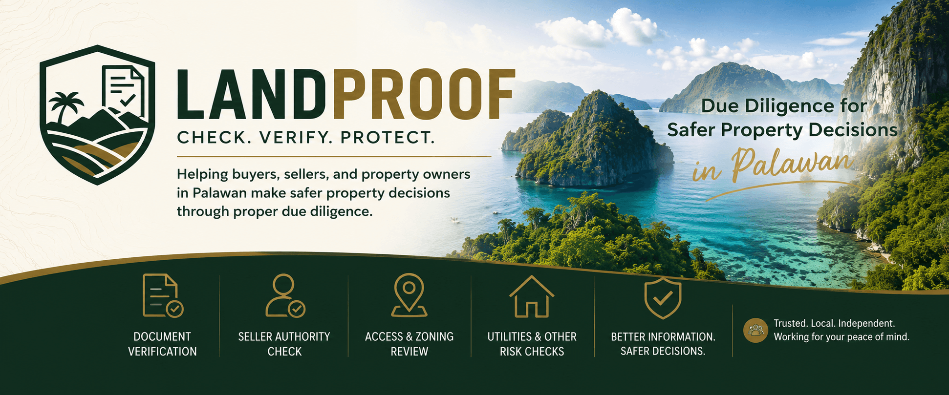 LandProof Palawan due diligence banner with Palawan land and sea imagery